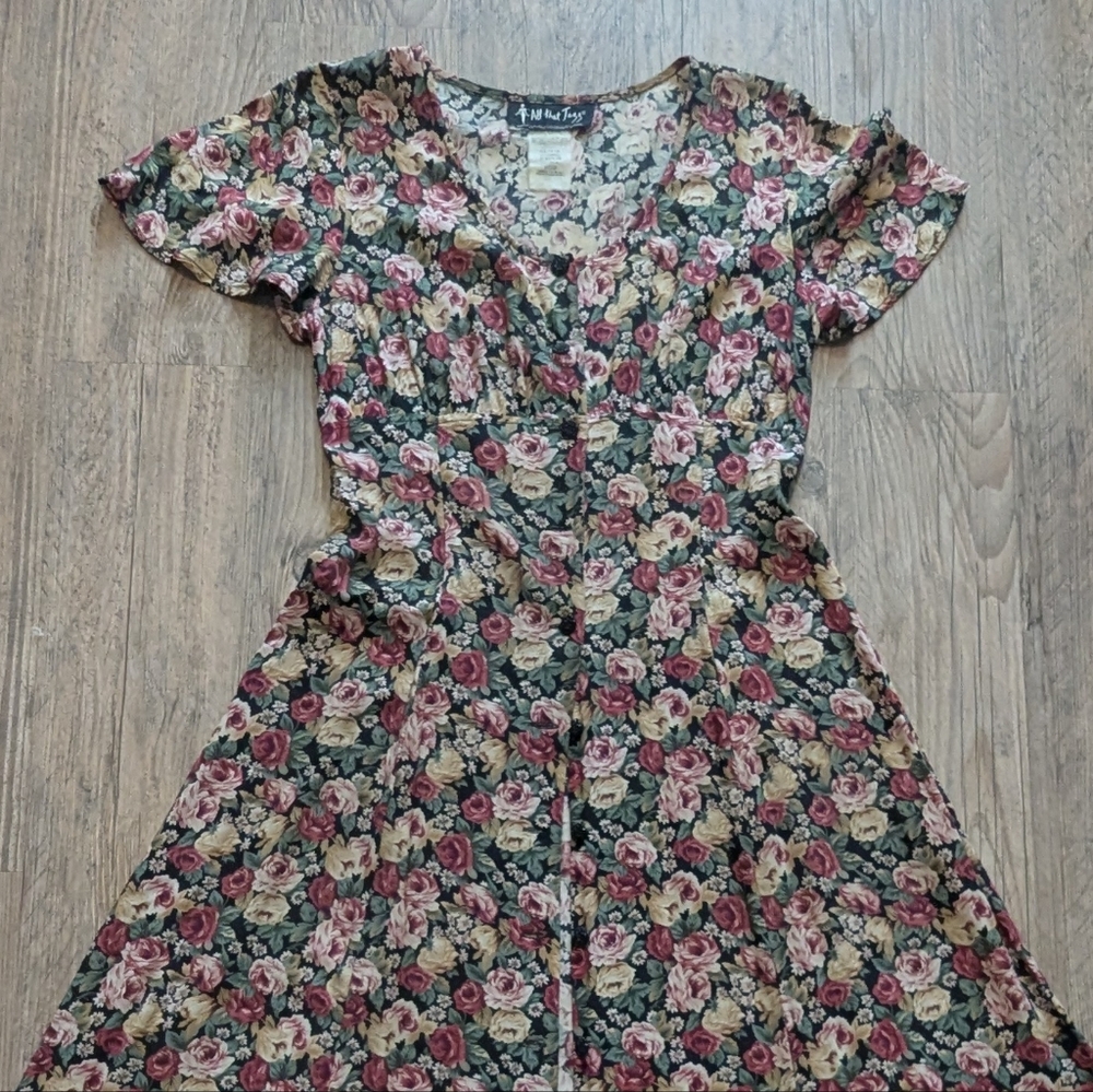 Vintage 90s Cottagecore All that Jazz Floral Dress Roses Pink Green Size 9/10